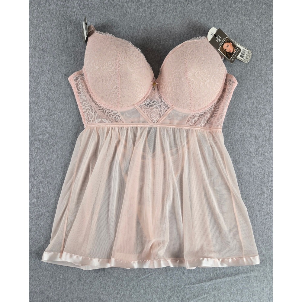 Daisy Fuentes Intimates Pink Lace Push Up Babydoll Lingerie Set G-String 2X New